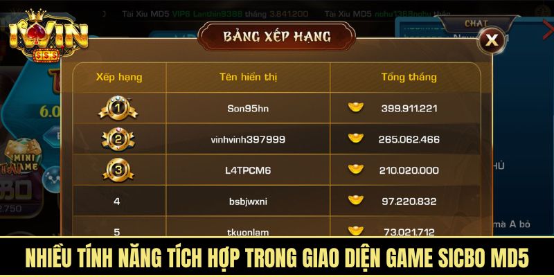 Nhiều tính năng tích hợp trong giao diện game sicbo MD5